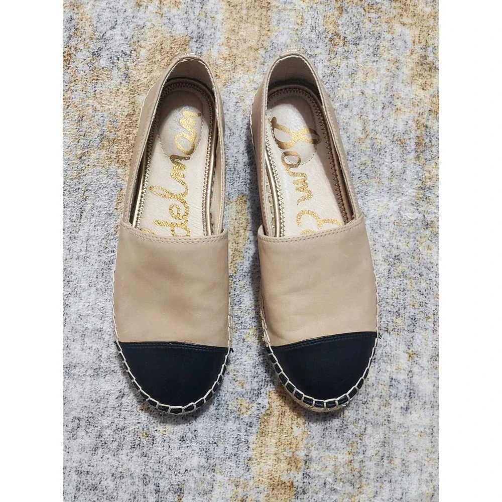 Sam Edelman Women's Krissy Espadrille Cap Toe Flats Tan Black Leather Size 7.5 M